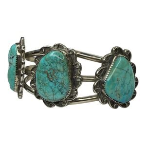 Vintage Cuff Bracelet Nickel Silver OS Turquoise Triple Shank Scalloped Edge